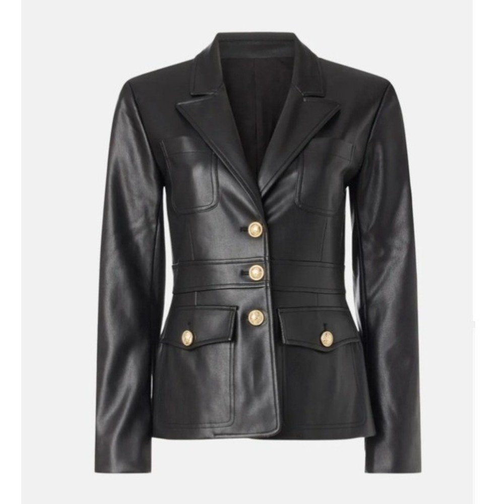 Derek Lam Black Faux Leather Blazer Military Style Jacket Gold Buttons Sz 6